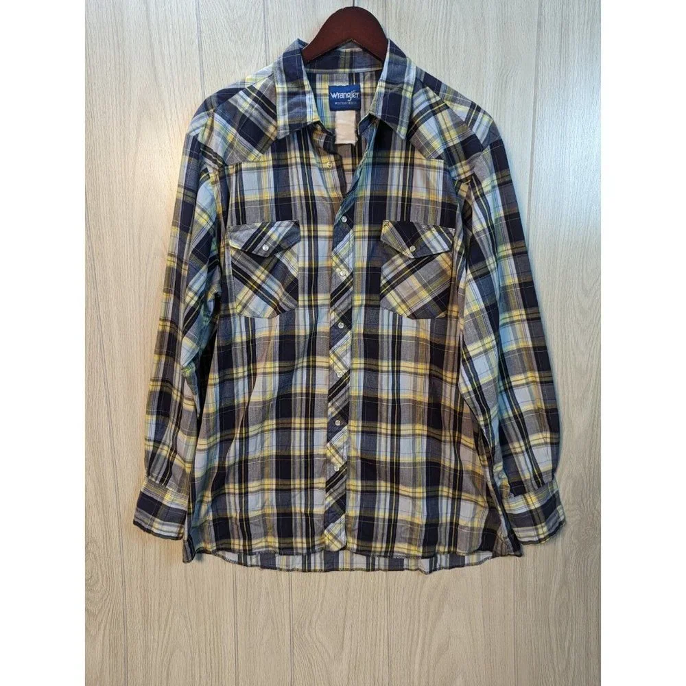 VTG Wrangler Shirt Mens XL Yellow Blue Plaid Western Pearl Snap Cowboy Rodeo